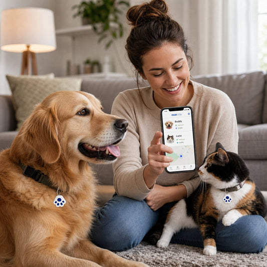 pet owner checking Bluetooth pet tracker app with dog and cat at home