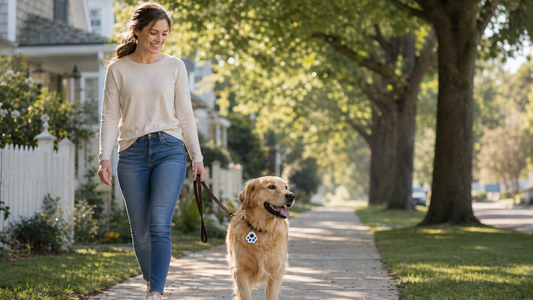 pet owner walking dog safely on suburban sidewalk during morning walk