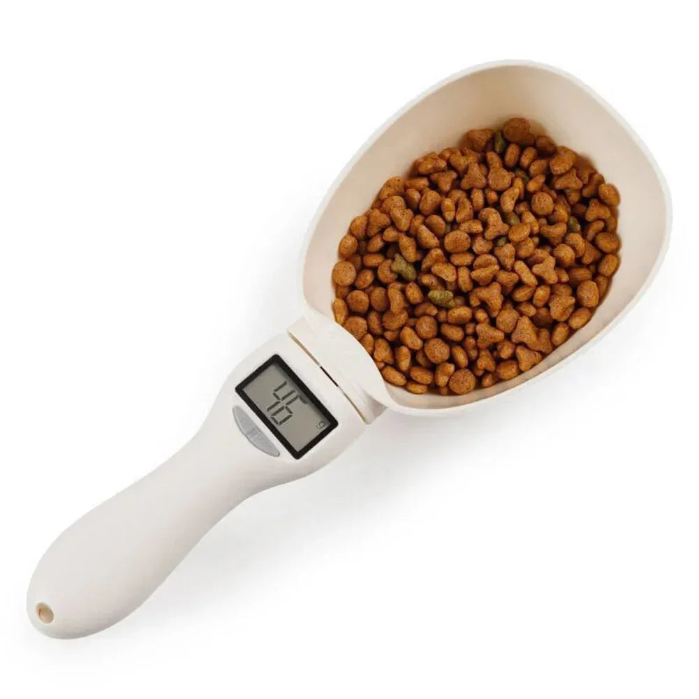 Digital pet food measuring scoop with a digital display