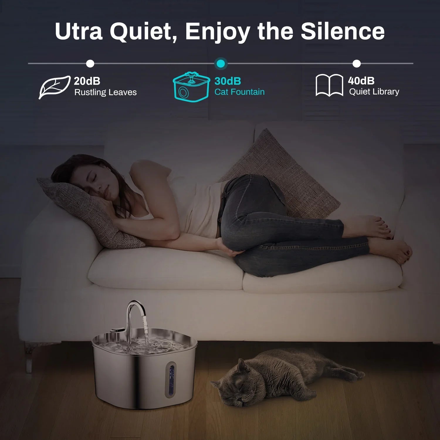  pet water fountain, emphasizing its ultra-quiet feature.