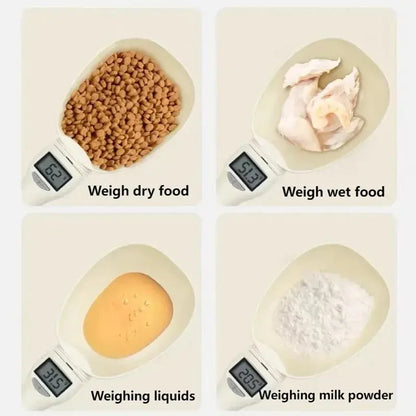 Digital kitchen scale measuring dry food, wet food, liquids, and milk powder.