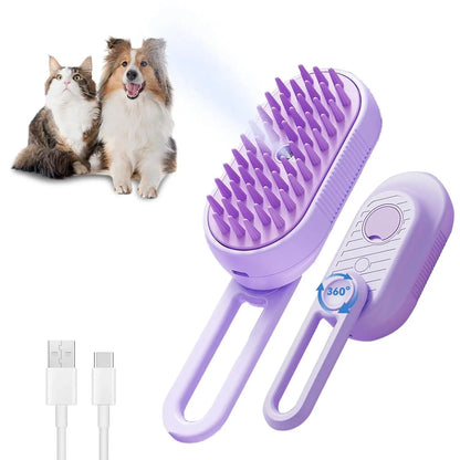 Purple pet grooming brush with charging cable for cat and dog.