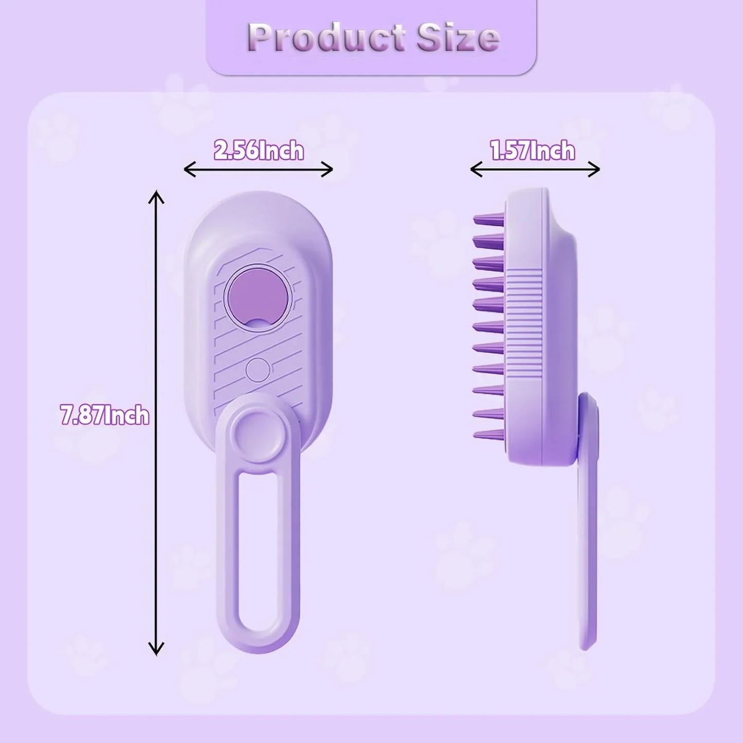 Purple pet grooming tool with measurements  