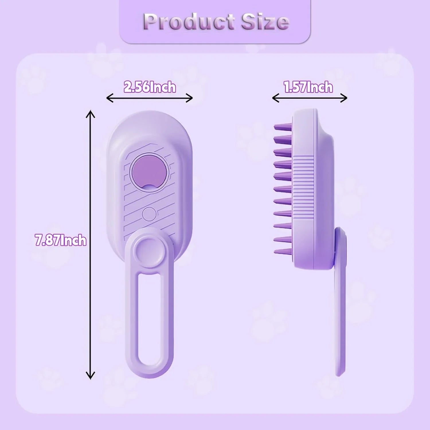 Purple pet grooming tool with measurements  