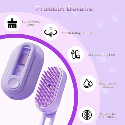 Purple grooming brush with product details on a light purple background
