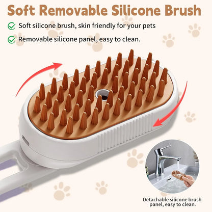 Pet grooming brush with soft silicone bristles and detachable panel for cleaning.