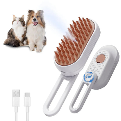 Pet grooming brush with charging cable and two pets on a white background