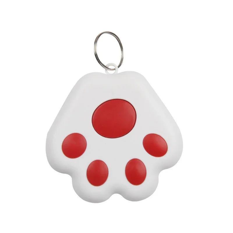 White keychain tracker with red paw print design
