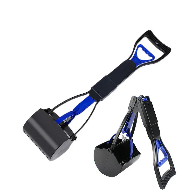 Dog waste picker with black and blue handles  