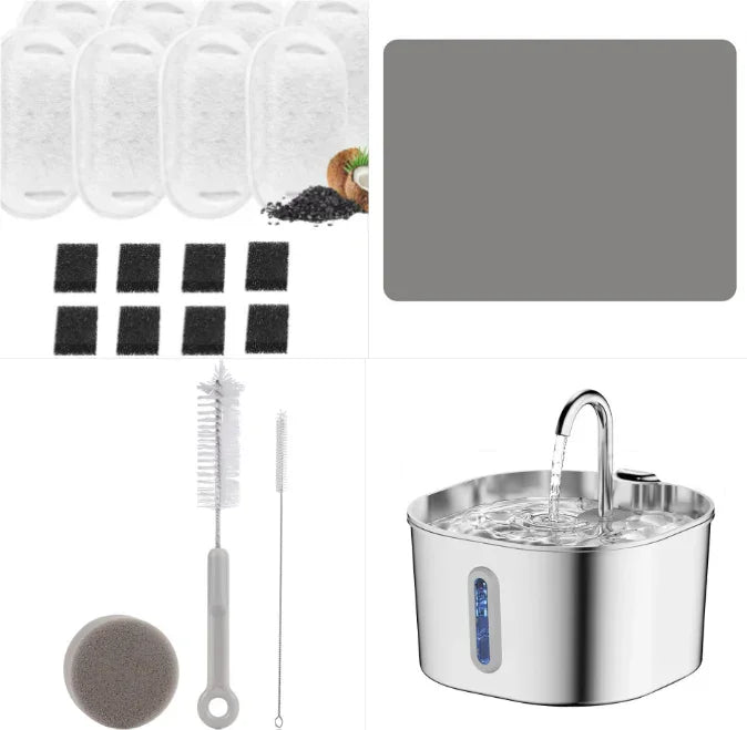 pet care products including a stainless steel water bowl, cleaning brush, filter elements, and accessories 