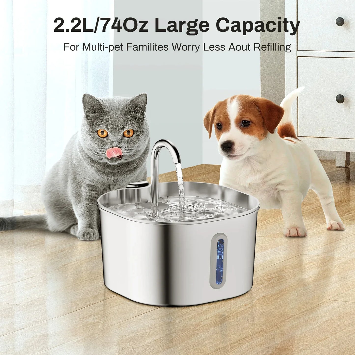 Pet water fountain for cat and dog in a home setting, emphasizing large capacity.