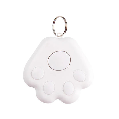 White paw-shaped keychain tracker device with button 