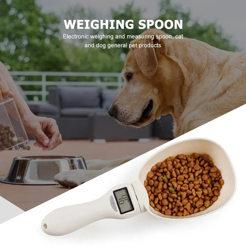 Digital pet food measuring spoon with a dog and outdoor setting in the background