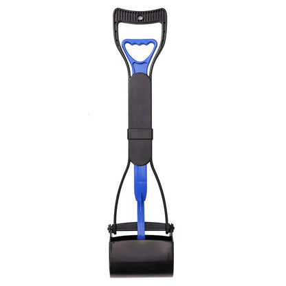Black snow dog pooper scooper with blue handle on a white background