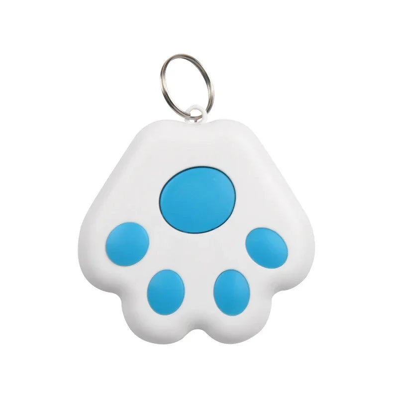 White paw-shaped keychain tracker with blue accents 