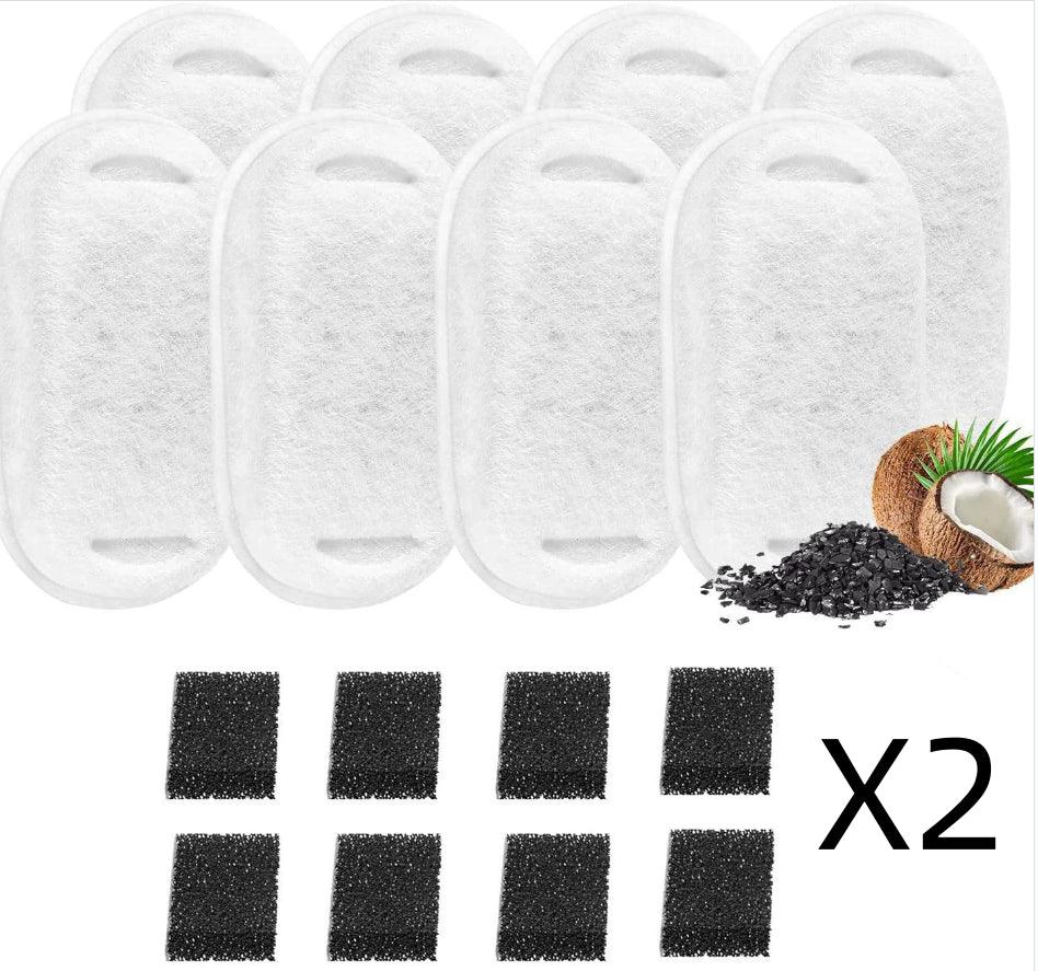 Set of white filter pads and black carbon filters with a coconut and palm leaf