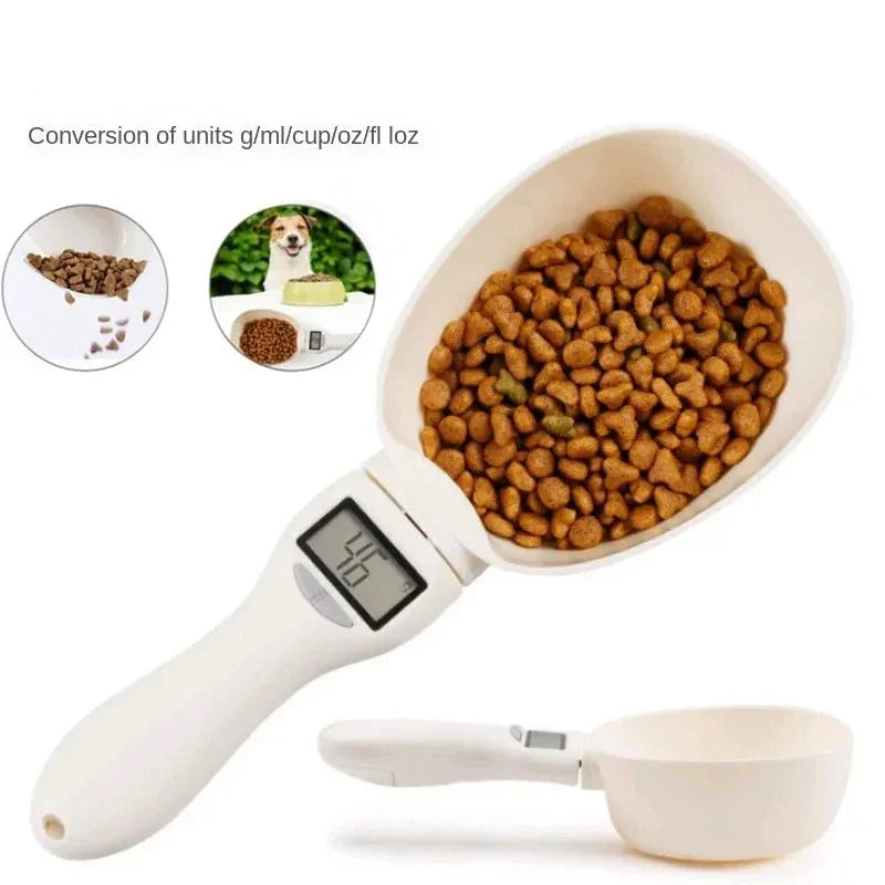 Digital pet food measuring scoop with a digital display, filled with pet food