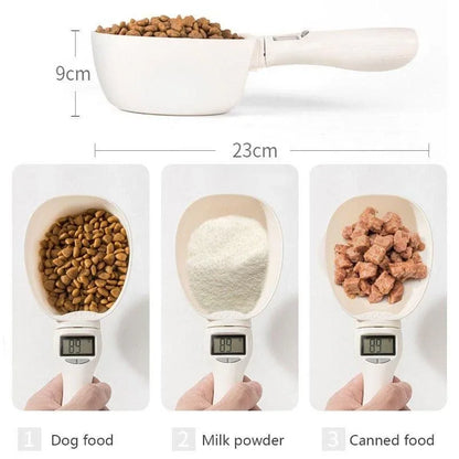 Measurement scoop with digital display for measuring dog food, milk powder, and canned food.